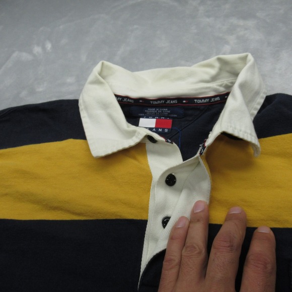 Tommy Jeans Polo Shirt  Men XL Yellow Blue Striped Classic Heavyweight Rugby VTG - Picture 3 of 11